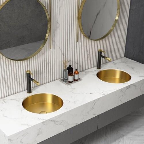 Modern Stainless Steel Bathrom Sink Round Golden Light Luxury Under Platform Wash Basin Single Basin Household Embedded Sink