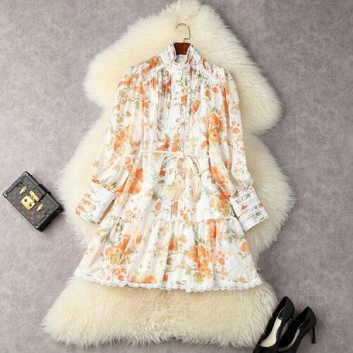 European and American womens wear for summer 2021 Long sleeve collar lace stitching print lace-up Fashion dress