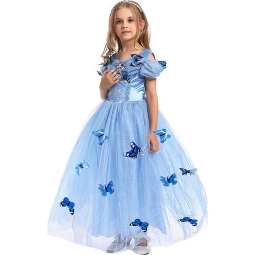 Cinderella Cinderella Fancy Dress Birthday Halloween Party Cosplay Costume Elegant 3D Butterfly Tulle Princess Long Dress Girls