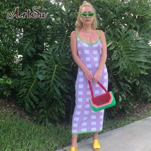 Artsu Summer 2021 Retro Green Backless Sexy Bodycon Sweater Dress Plaid Harajuku Elegant Knitted Stretch Ladies Dresses