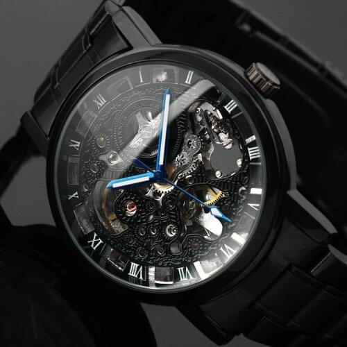 2019 New Black Mens Skeleton WristWatch Stainless steel Antique Steampunk Casual Automatic Skeleton Mechanical Watches Male