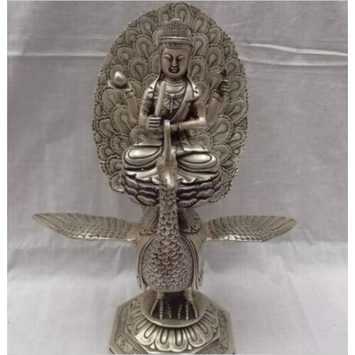 Decoration copper silver factory outlets 12" China Buddhist Silver Kwan-Yin Ride Phoenix Peacock Manjushri Buddha Statue