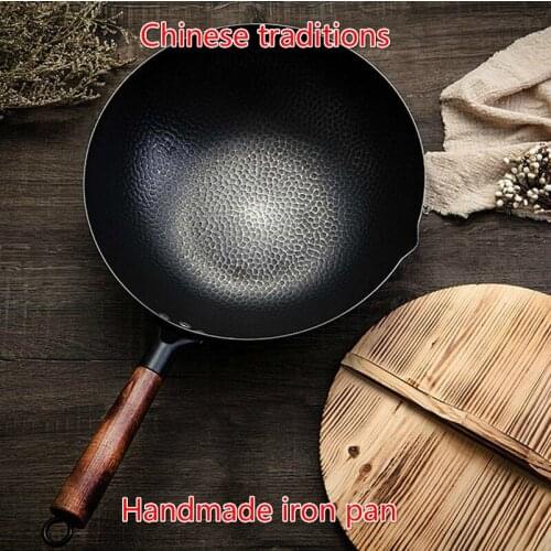 Wooden Cover Handmade Iron Pot 32cm Uncoated Health Wok Non-Stick Pan Gas Stove Induction Cooker Universal frigideira pequena