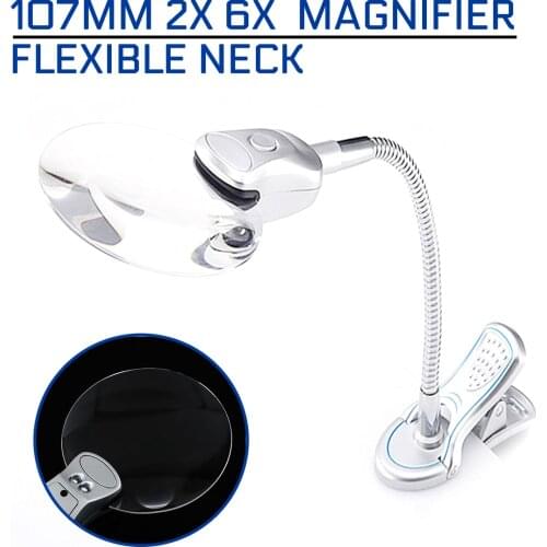 107mm 2x 6x Magnifier Flexible Neck Magnifying Desk Table Clamp Reading Plastic Folders Metal Horse Led Lamp Light