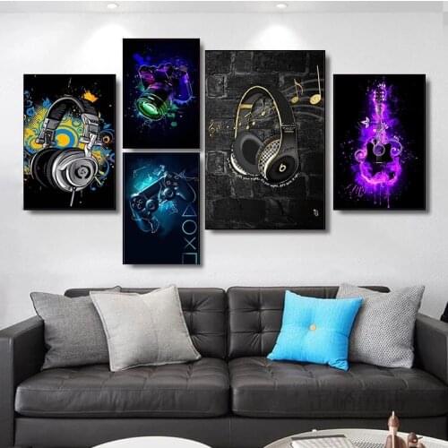 Graffiti Art Camera Headphones Gamepad Canvas Painting Fashion Colorful Guitar Posters and Prints Wall Art Music Room Home Decor