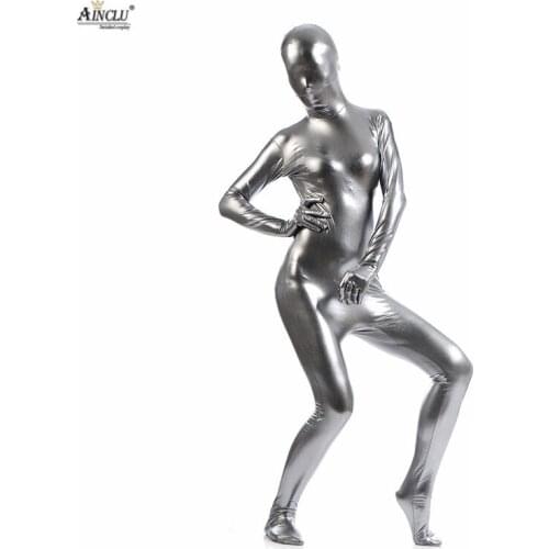 Ainclu Hot Selling Fullbody Silver Gray Glue Metallic Zentai for Hallween Shiny Spandex Long Sleeve Female Sexy Bodysuits