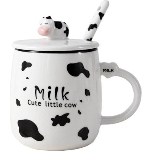 Cow Pattern Coffee Mug with Spoon and Lid Ceramic Coffee Cup Gift for Christmas