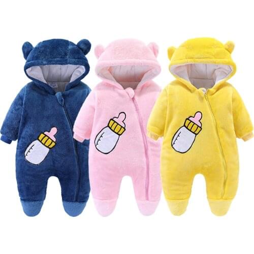 2021 Autumn Newborn Romper Hooded Winter Warm Baby Boy Girl Clothes Cartoon Print Infant Bodysuit Costume Solid Color Clothing