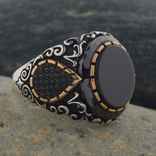 Drop Figure Men Silver Ring Black Onyx Gemstone Ring Vintage Ornate Jewelery Handmade Men Silver Accessories