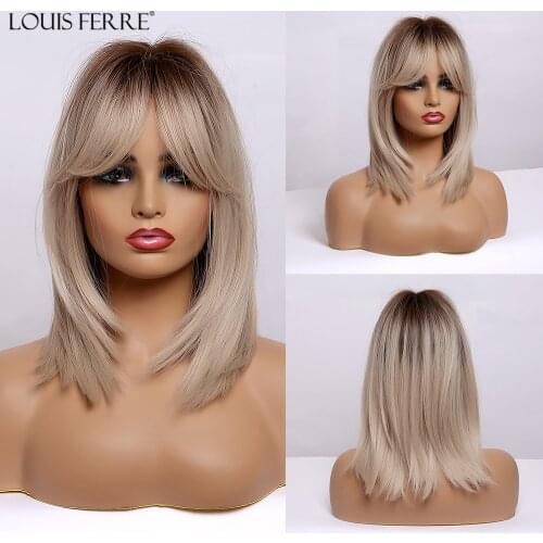 LOUIS FERRE Medium Straight Synthetic Wig Ombre Light Blonde Wigs with Bangs High-Temperature Shoulder Length Daily Party Wig