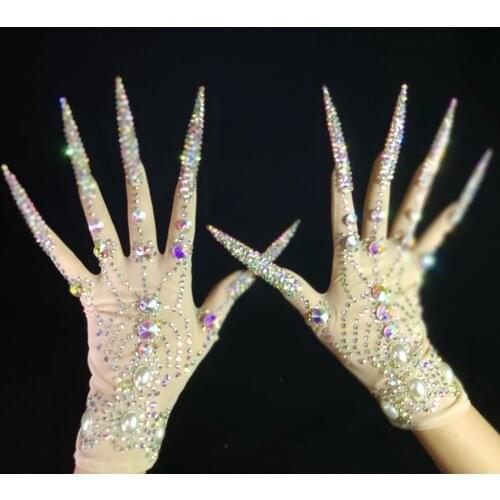 Luxurious AB Rhinestone Pearls Plus Length Nails Gloves Women Fashion Drag Queen Outfit Nightclub Stage Performance Accessories