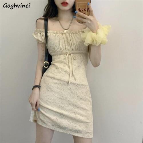 Sexy Short Puff Sleeve Mini Dress Women Hollow Out Side-slit Lace Up Elegant Dresses Female Simple Solid All-match Ins Stylish