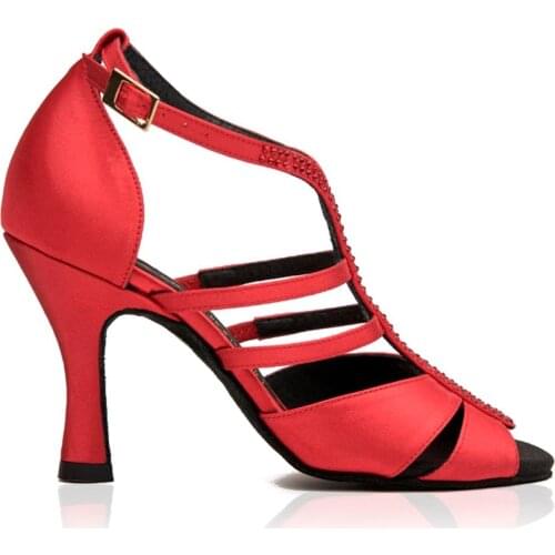 7cm Heeled Latin Shoes Women Red Satin Dance Shoes Crystal Latin Salsa Ballroom Dance Shoes Wpmen Wedding Party Dancing Shoes