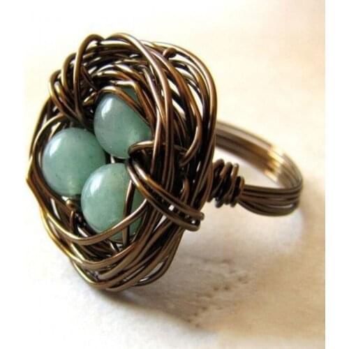 FYJS Unique Antique Copper Wire Wrap Birds Nest Green Aventurine Finger Ring Blue Turquoises Stone Beads Jewelry