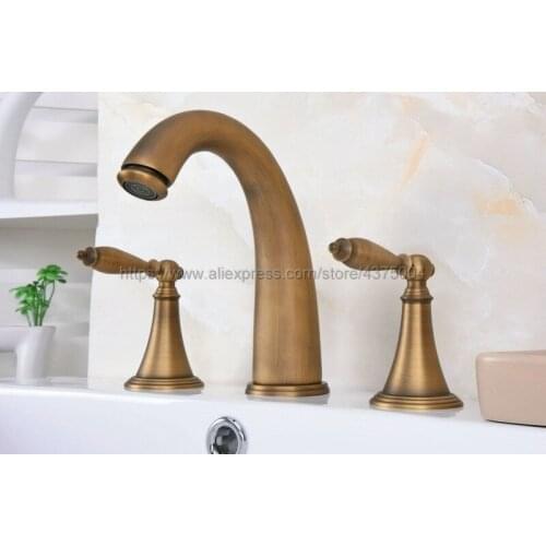 Bathroom Antique Brass Mixer Faucet Two Handles 3 Hole Basin Sink Hot Cold Water Taps Nan081