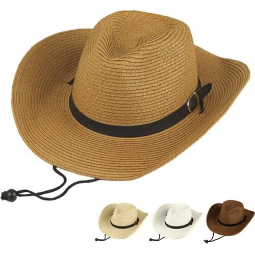 Spring Cowboy Hats with Leather for Women Men Foldable Sunscreen Straw Hats UPF50