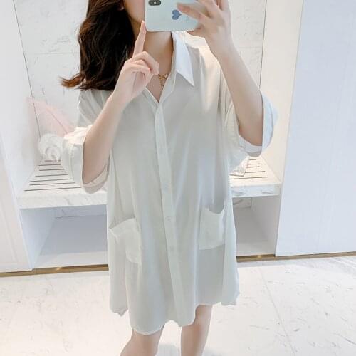 Ladies Sexy Silk Satin Night Shirt Solid White Night Dress Cardigan Fashion Night Gown Leisure Sleepwear Nightwear Homewear