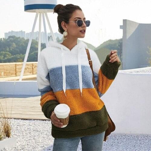 Women Winter Warm Plush Sweatshirt Long Sleeve Casual Striped Hoodies Ladies Loose Pullover Top Autumn Streetwear New