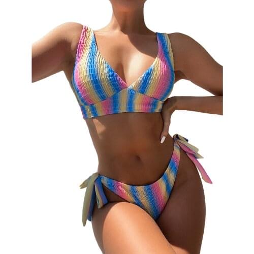 2 Pcs Women Sexy Bathing Suits Swimwear Adults Colorful Striped V-neck Bikini Bra + Tie-up Thong Two-Piece Suits Sportswear