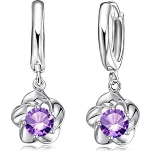 Pure Solid 925 Sterling Silver Woman Lever Back Earrings Shining AAA Zircon Stones White Purple Flower Ear Decoration