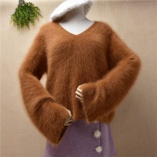 Ladies women fashion plush mink cashmere knitted v-neck long sleeves loose pullover angora rabbit hair winter jumper sweater top