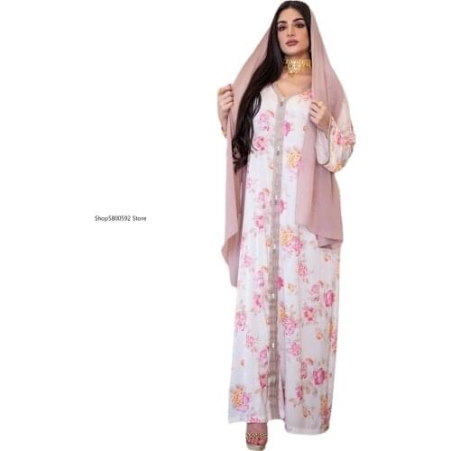 Pink Floral Hijab Dress Women Fashion Muslim Dubai Turkey Arabic Djellaba Moroccan Caftan Oman Kuwait Qatar Jalabiya