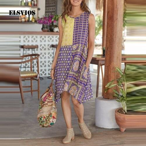 Fashion Bohemian Floral Print Round Neck Dress Summer New Street Sleeveless Pocket Women Loose Beach Irregular A-Line Midi Dress