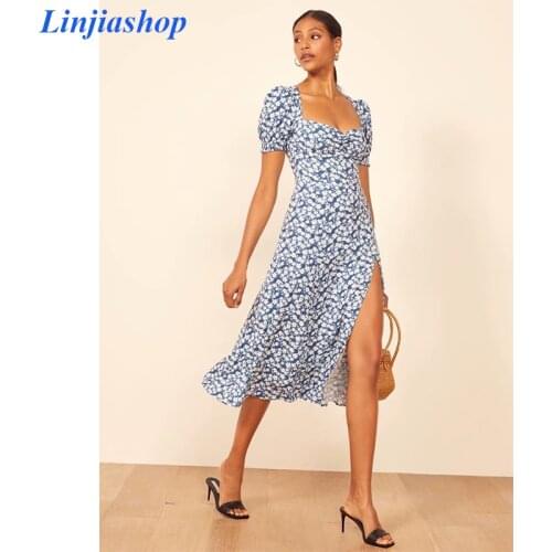 Vintage elegant square neck summer print dress women short sleeve A line slim waistline reformation holiday beach split dress