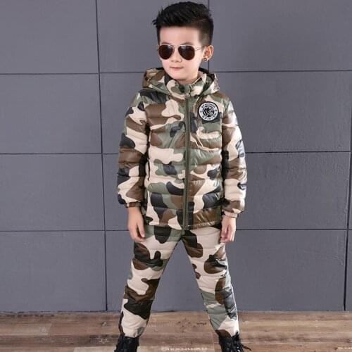 4-11T Boys Winter Warm Clothing Set White Duck Down Jacket Clothing Set Boy Camouflage Hooded Down Coat Pants Suit 2PCS Outwear