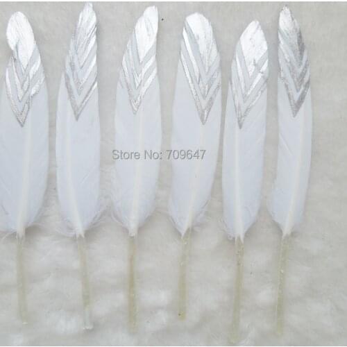 50pcs/lot!Silver Chevron Feather,Silver Dipped Feather,White natural goose feathers with hand painted chevron design on tips
