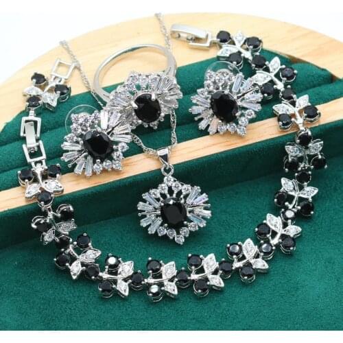 925 Silver Jewelry Set For Women Black Crystal Earrings Necklace Pendant Ring Wedding Bracelet Bride Christmas Gift 4PCS