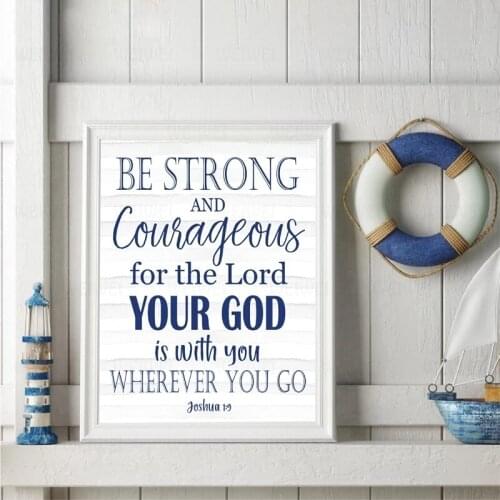 Bible Verse Canvas Painting Joshua 1:9 Poster Prints Be Strong Quote Wall Decor Art Navy Blue Christian Typography for Boys Room