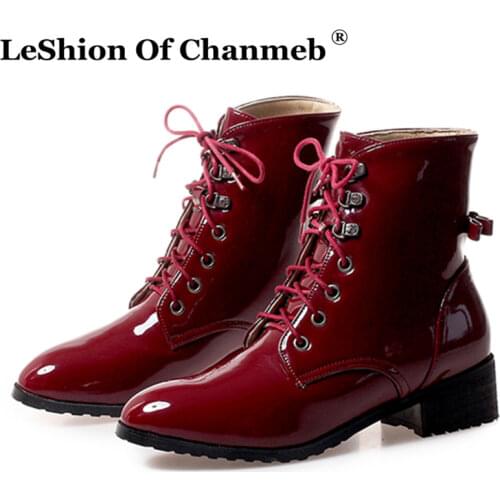 Big Size 12 Ladies Shiny Patent Leather Ankle Boots Lace up Shoes Womens Medium Block Heels Black White Wine Red Booties Winter