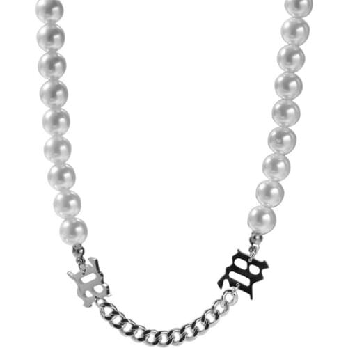 Hip Hop 10mm Natural Pearl Beaded Link Chain Pendants Necklace for Women Men Rapper Jewelry