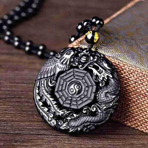 Black Obsidian Carving Dragon and Phoenix Necklace Pendant Obsidian Lucky Pendants Gossip Pendant Necklace