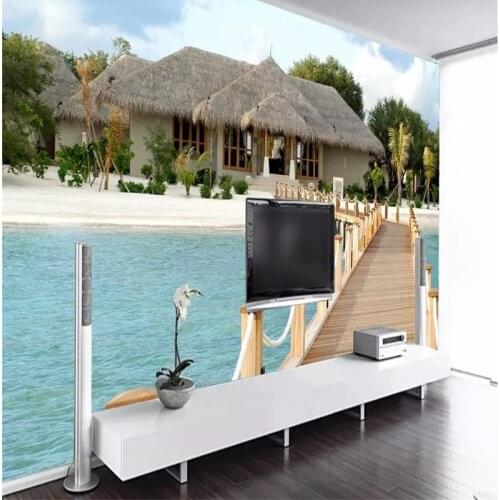 Decorative wallpaper Maldivian sea view wooden bridge coconut house 3D background wall