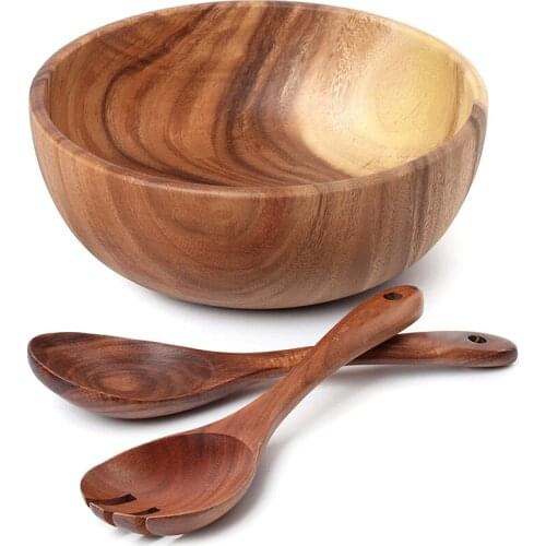 Wooden Salad Bowl-Large 9.4 Inch Acacia Wood Salad Wooden Bowl with Spoon, Can Be Used for Fruit, Salad