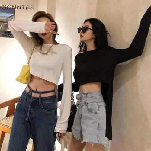 T-Shirts Women Solid Asymmetrical Sexy Female Tops O-Neck Streetwear Long Sleeve Design Sun-proof Preppy Friends Fashion Chic