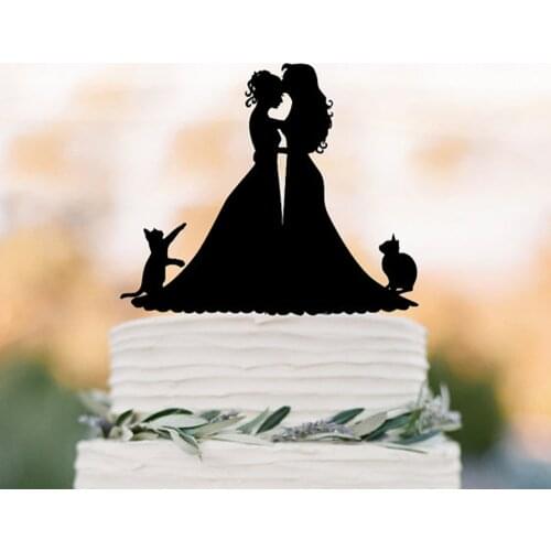 Lesbian wedding custom cake topper with cat,same sex couple silhouette cake topper, mrs and mrs wedding cake topper with acrylic