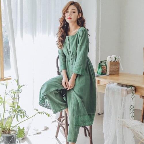 Sweet Green Cotton Maternity Nursing Sleepwear Set Breast Feeding Pajamas for Prenatal+Postpartum Women Cute Loose Hospital Set