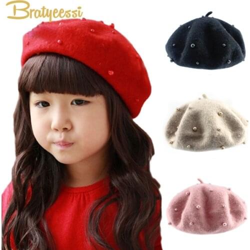 Fashion Wool Kids Hat with Pearls Candy Color Retro Baby Girl Cap Kids Beret Hats for Girls 2-6 Years 1PC
