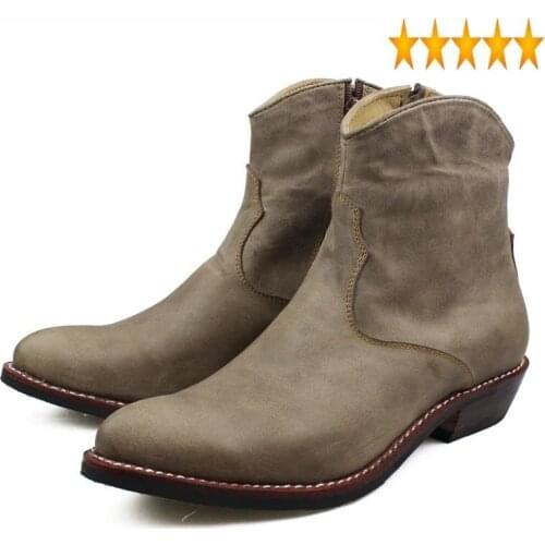 Mens Handmade Cowboy Riding Luxury Genuine Leather Shoes Block Med Heels Vintage Western Pointed Toe Knight Ankle Boots