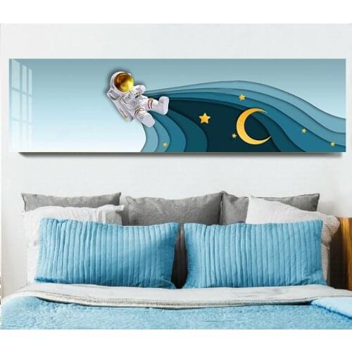 Wall Art Bedroom Living Room Decor Pictures Wave Astronaut Space Star Moon Canvas Painting Cartoon Posters For Kid Children Room
