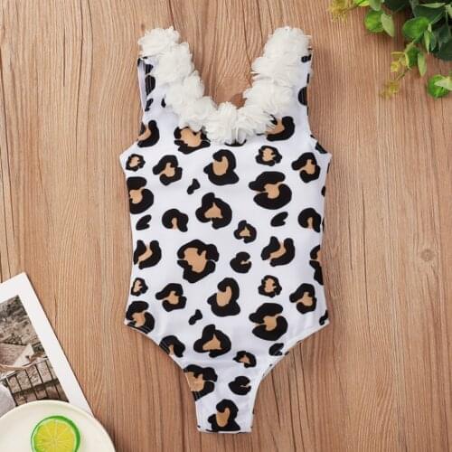 Newest Arrival Baby Girls One-Piece Leopard Swimsuit Flower Round Neck Sleeveless Bodysuit Swimwear Bathing Suit for 1-5T
