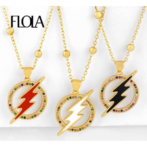 FLOLA Rainbow Cubic Zirconia Lightning Necklaces for Women Gold Filled Crystal Enamel Necklaces Pendants Fashion Jewelry nkeq13