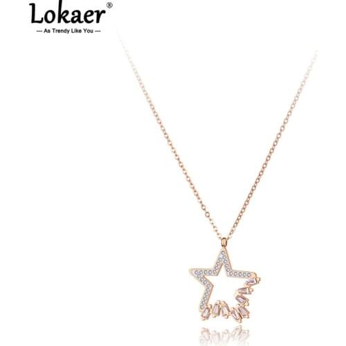 Lokaer Titanium Stainless Steel CZ Crystal Star Charm Pendant Necklace Bohemia Heart Link Chain Necklace For Women Girls N21100