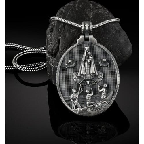 Virgin Mary Commemorative Medal Catholic Pendant Necklace Christian Accessories Vintage Mens Religious Necklace