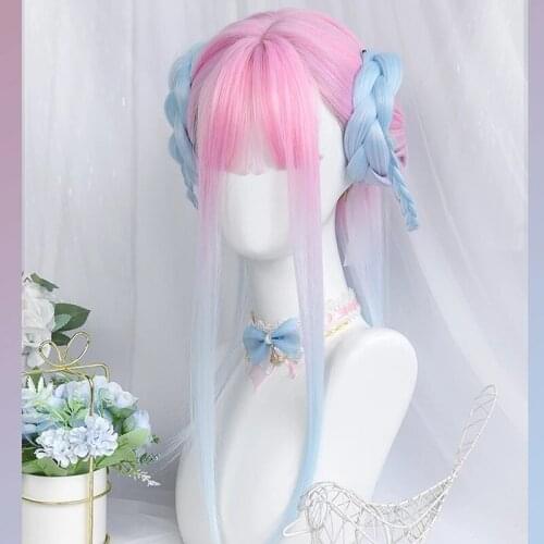 Gradual Pink Blue Lolita Wig Creamy Neon Women Harajuku Long Straight Hair Cute Bangs Adult Chic Girls Cosplay Daily Wear