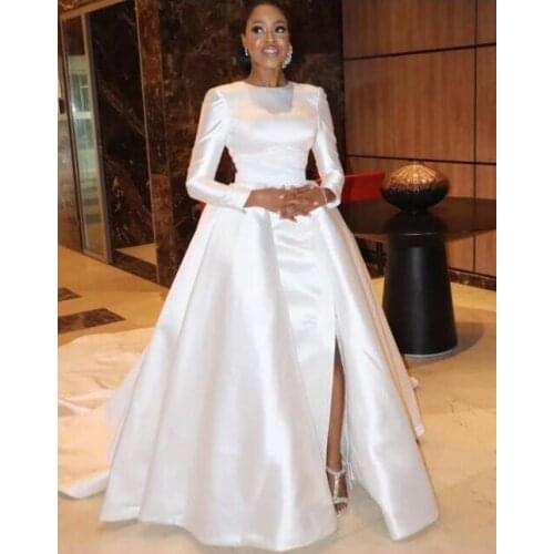 Simple Wedding Dresses With Long Sleeves Front Split Court Train Satin Cheap Bridal Dress African Plus Size Wedding Gowns