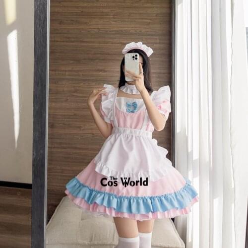 S-5XL Lolita Sweet Bowknot Pink Blue Apron Maidservant Maid Restaurant Dress Uniform Outfits Anime Cosplay Costume